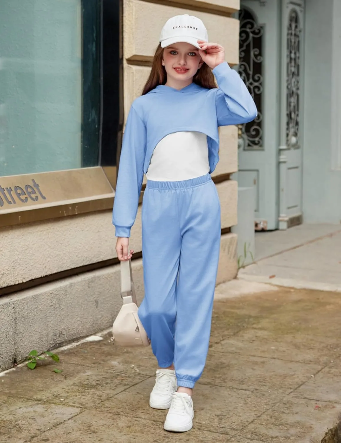 Arshiner 3 Piece Girls Jogger Set Sweatsuits Crop Sweatshirt Hoodie Adjustable Cami Top and Sweatpants