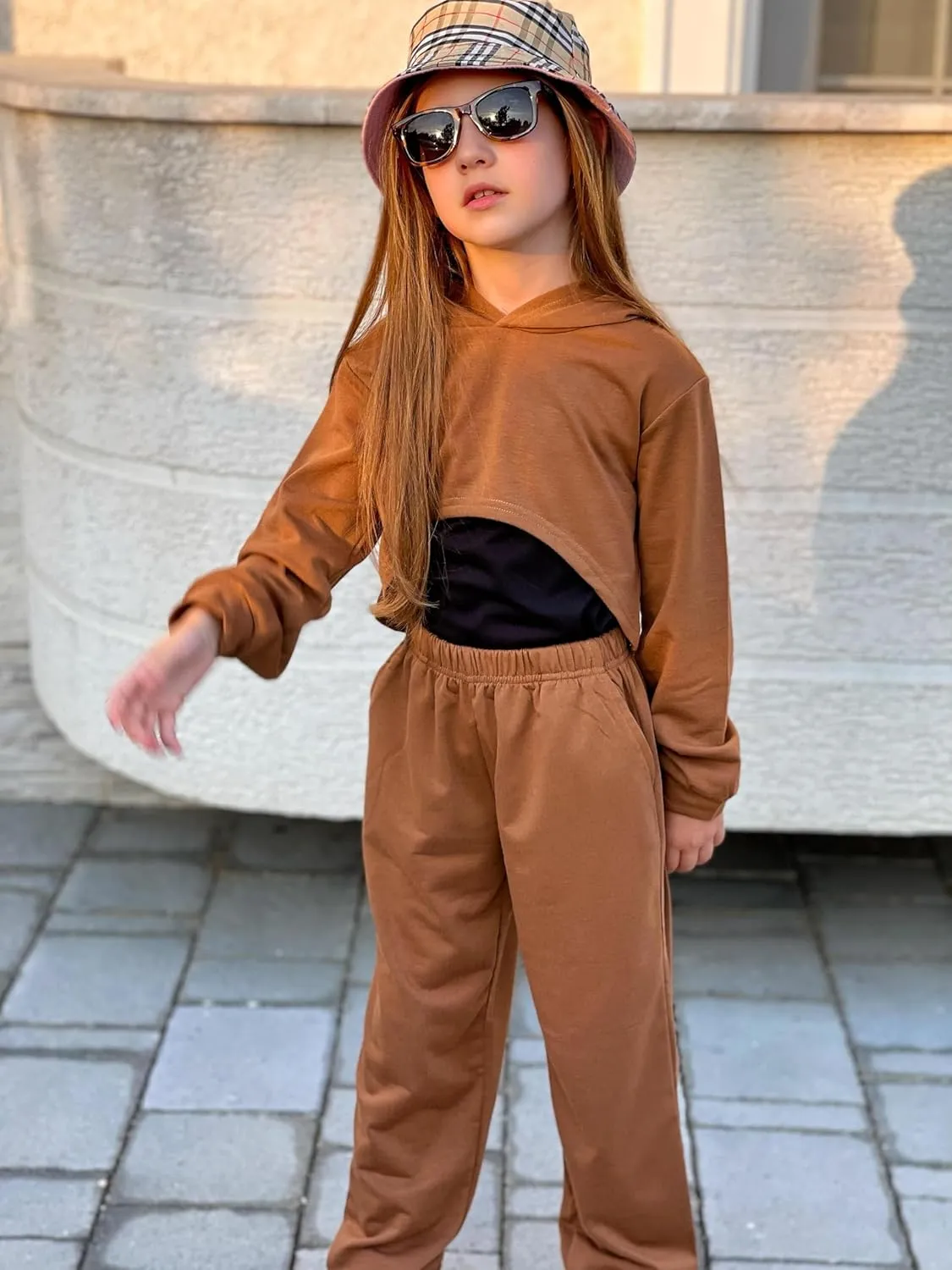 Arshiner 3 Piece Girls Jogger Set Sweatsuits Crop Sweatshirt Hoodie Adjustable Cami Top and Sweatpants