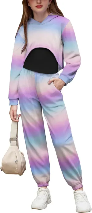 Arshiner 3 Piece Girls Jogger Set Sweatsuits Crop Sweatshirt Hoodie Adjustable Cami Top and Sweatpants