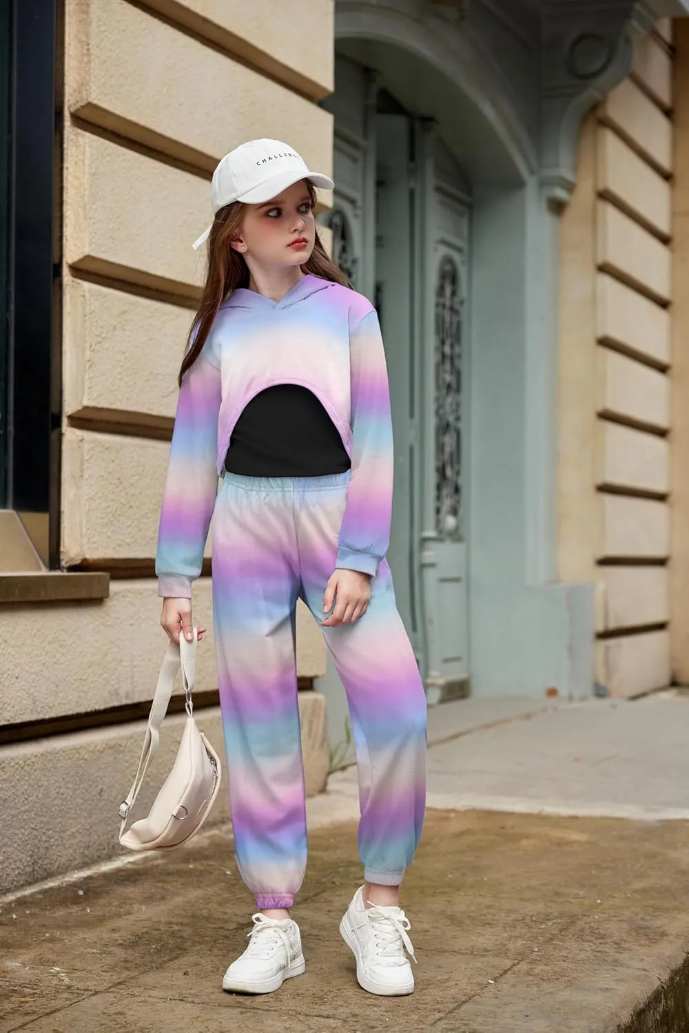 Arshiner 3 Piece Girls Jogger Set Sweatsuits Crop Sweatshirt Hoodie Adjustable Cami Top and Sweatpants
