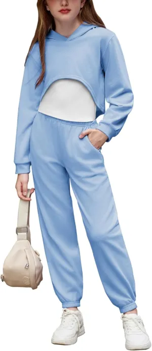 Arshiner 3 Piece Girls Jogger Set Sweatsuits Crop Sweatshirt Hoodie Adjustable Cami Top and Sweatpants
