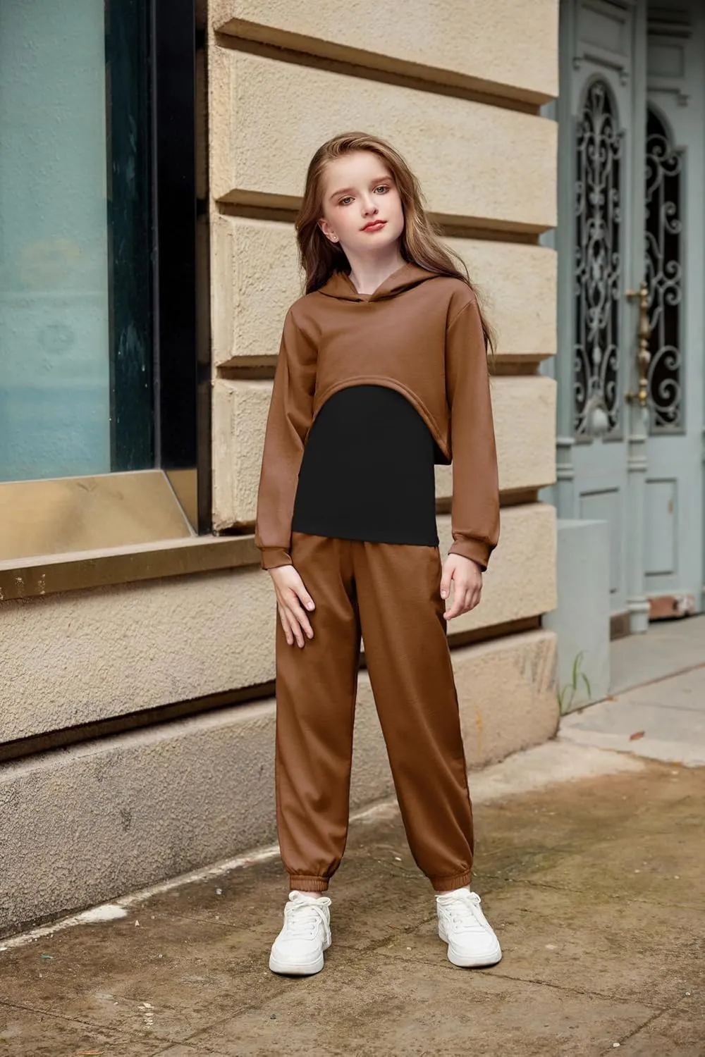 Arshiner 3 Piece Girls Jogger Set Sweatsuits Crop Sweatshirt Hoodie Adjustable Cami Top and Sweatpants