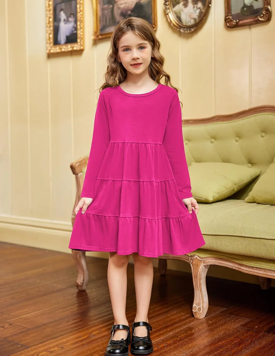 Arshiner Girl Long Sleeve Dress Tiered Ruffle Swing Tunic Shirt Dress