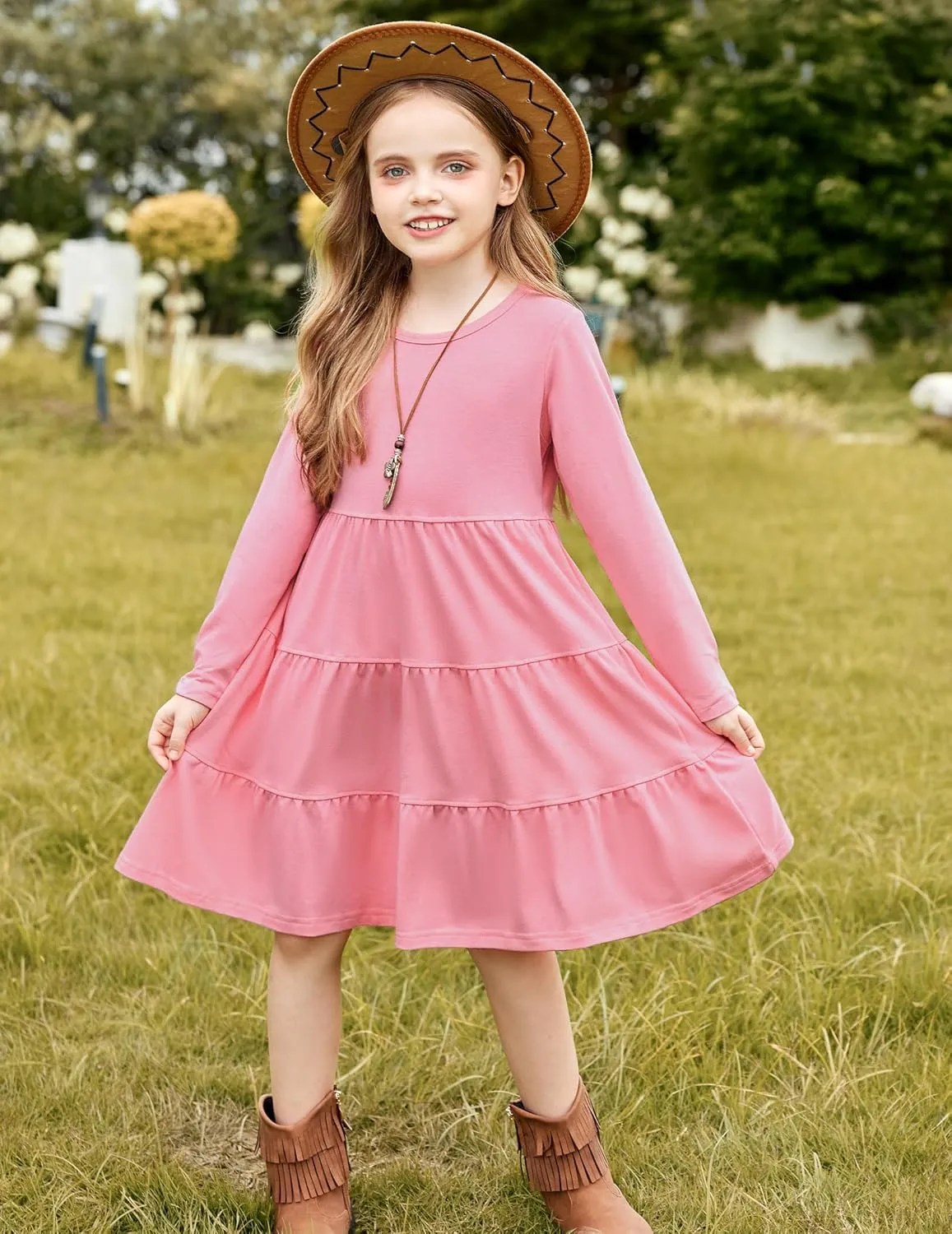 Arshiner Girl Long Sleeve Dress Tiered Ruffle Swing Tunic Shirt Dress