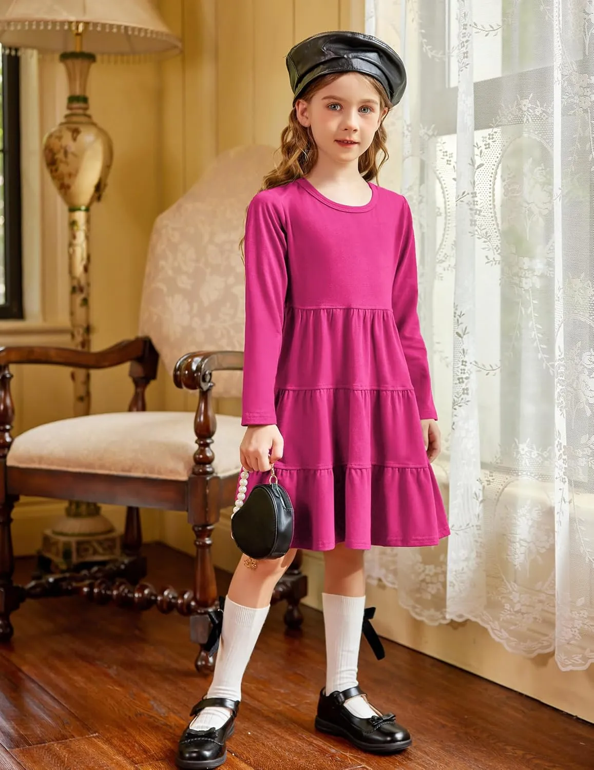 Arshiner Girl Long Sleeve Dress Tiered Ruffle Swing Tunic Shirt Dress