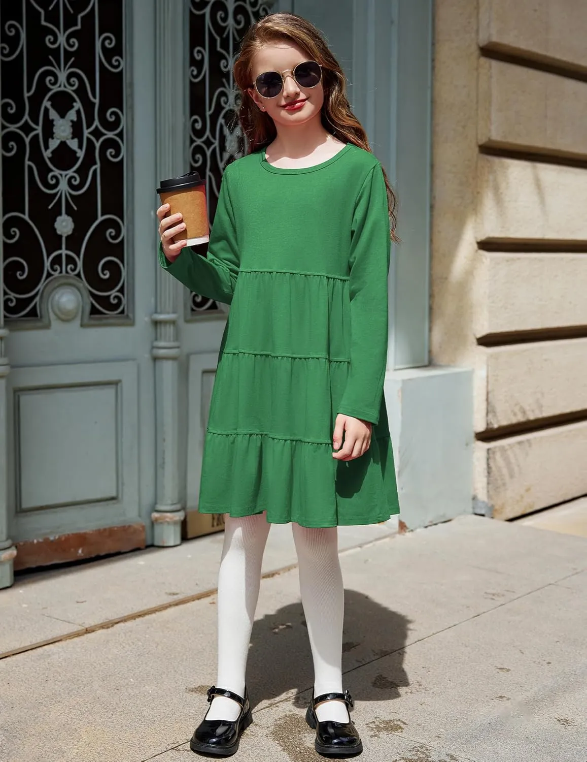Arshiner Girl Long Sleeve Dress Tiered Ruffle Swing Tunic Shirt Dress