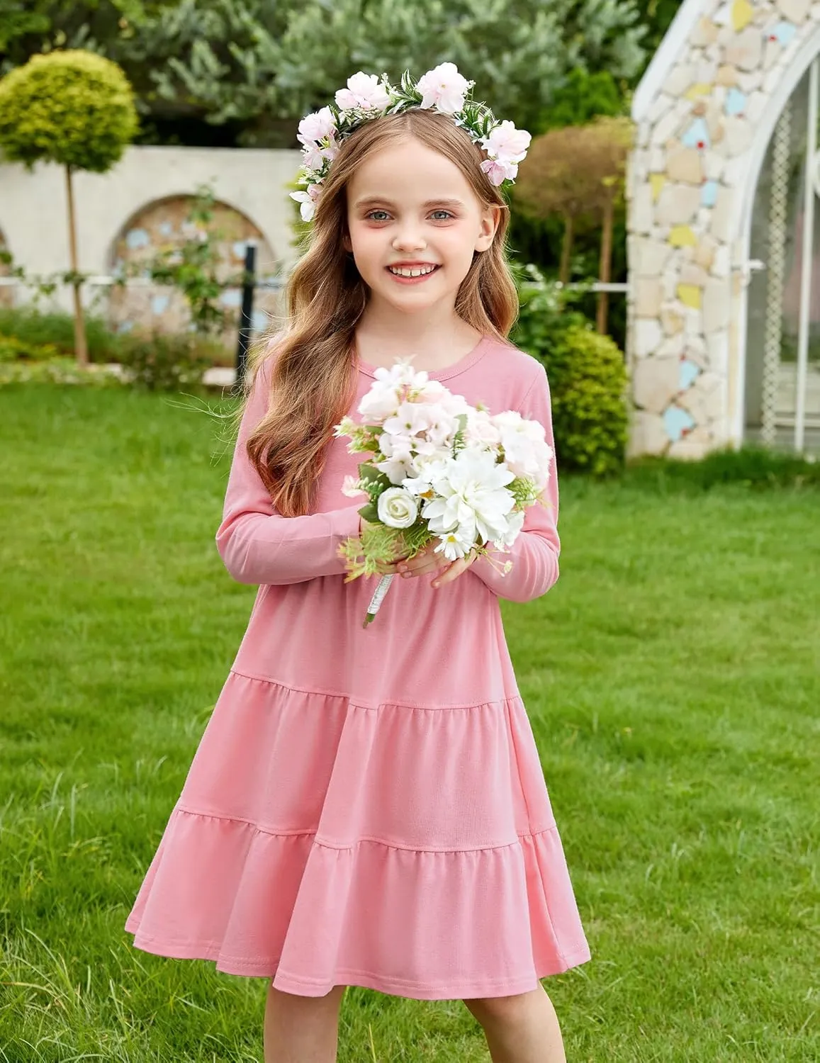 Arshiner Girl Long Sleeve Dress Tiered Ruffle Swing Tunic Shirt Dress