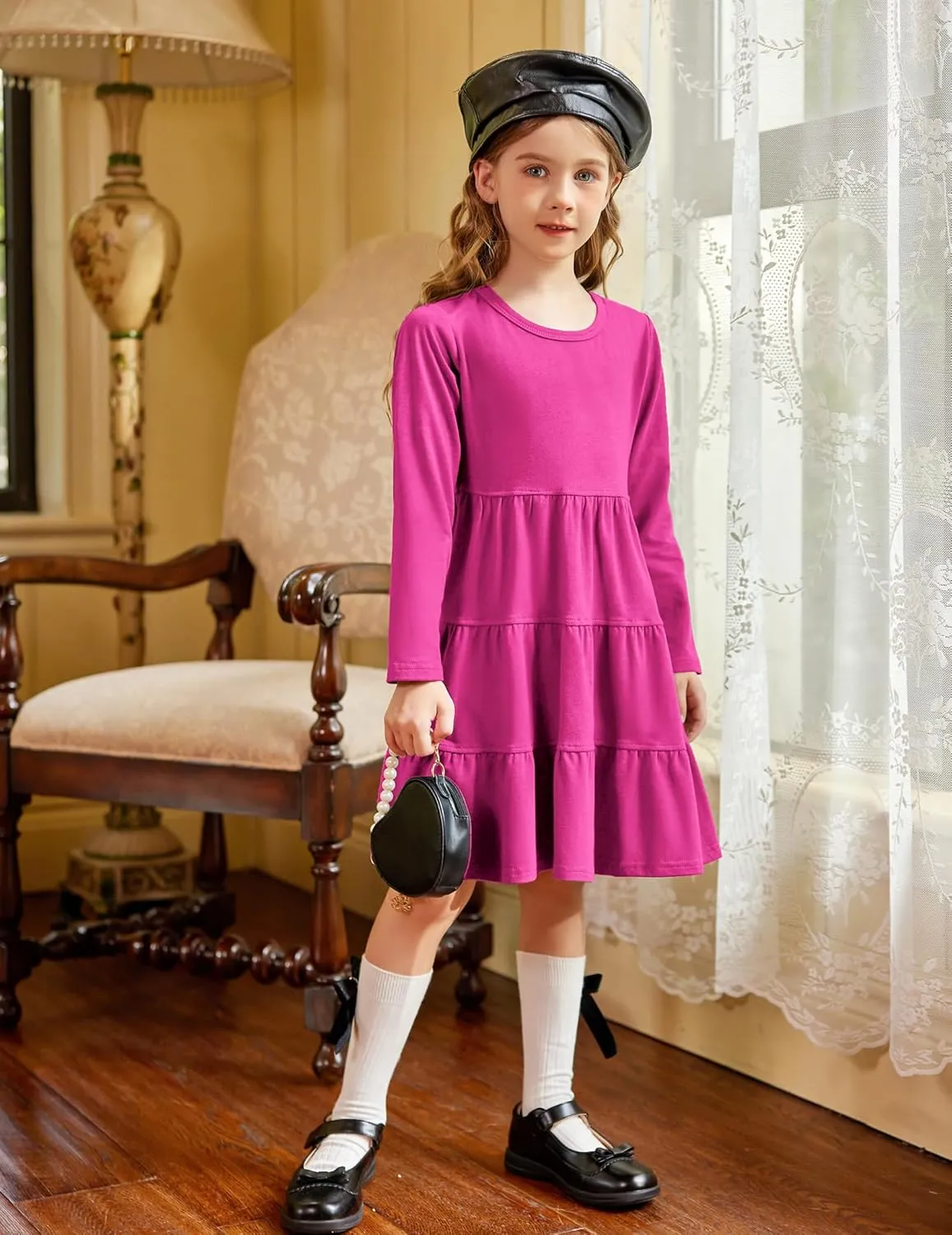 Arshiner Girl Long Sleeve Dress Tiered Ruffle Swing Tunic Shirt Dress