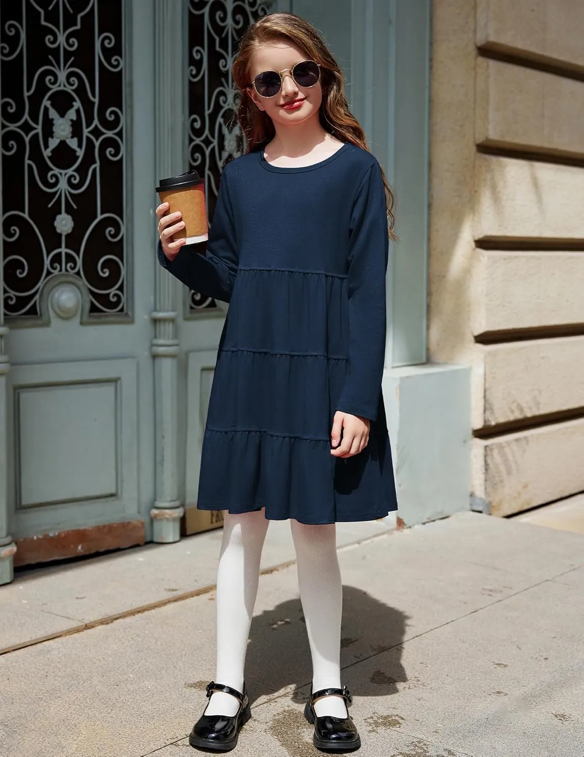 Arshiner Girl Long Sleeve Dress Tiered Ruffle Swing Tunic Shirt Dress