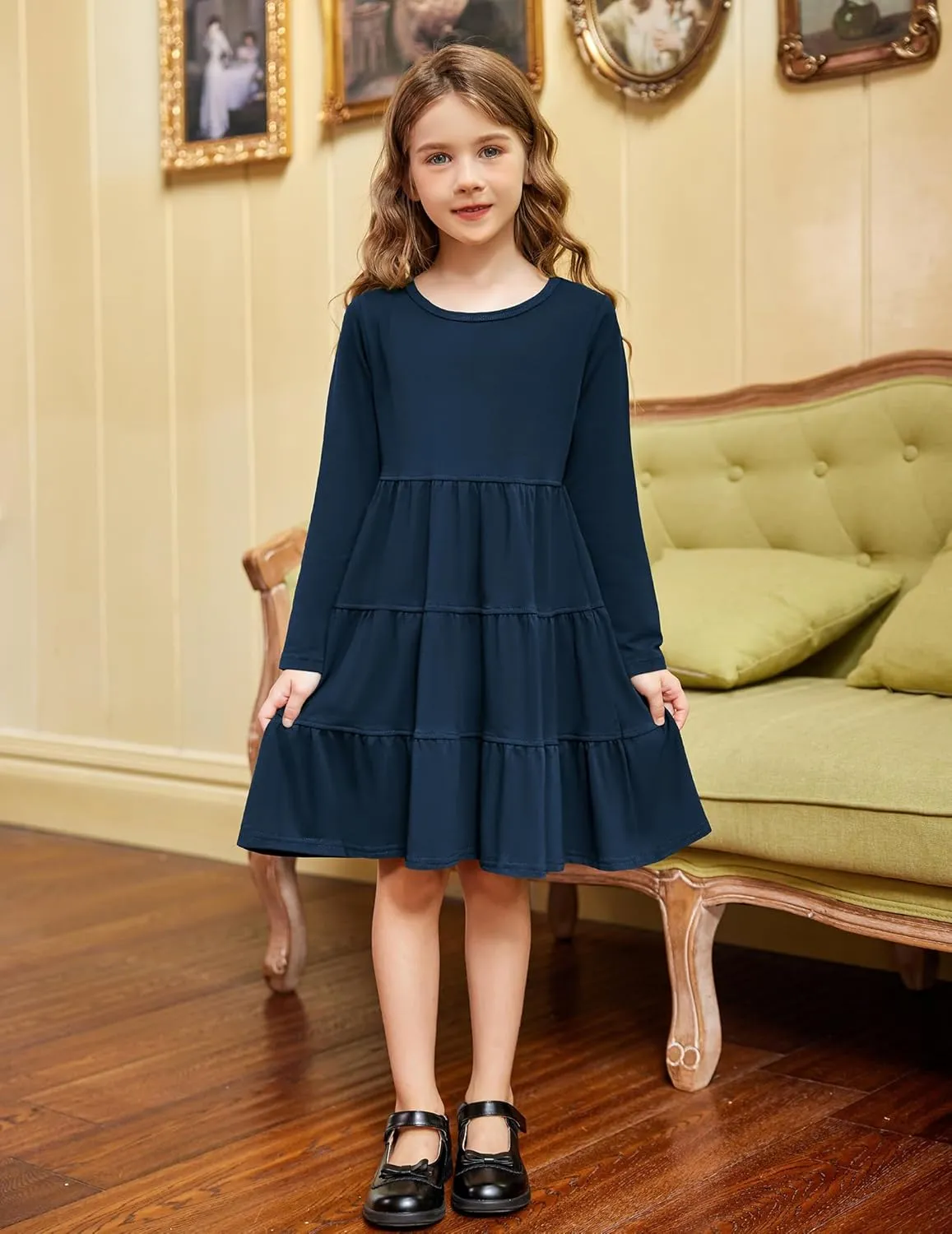 Arshiner Girl Long Sleeve Dress Tiered Ruffle Swing Tunic Shirt Dress