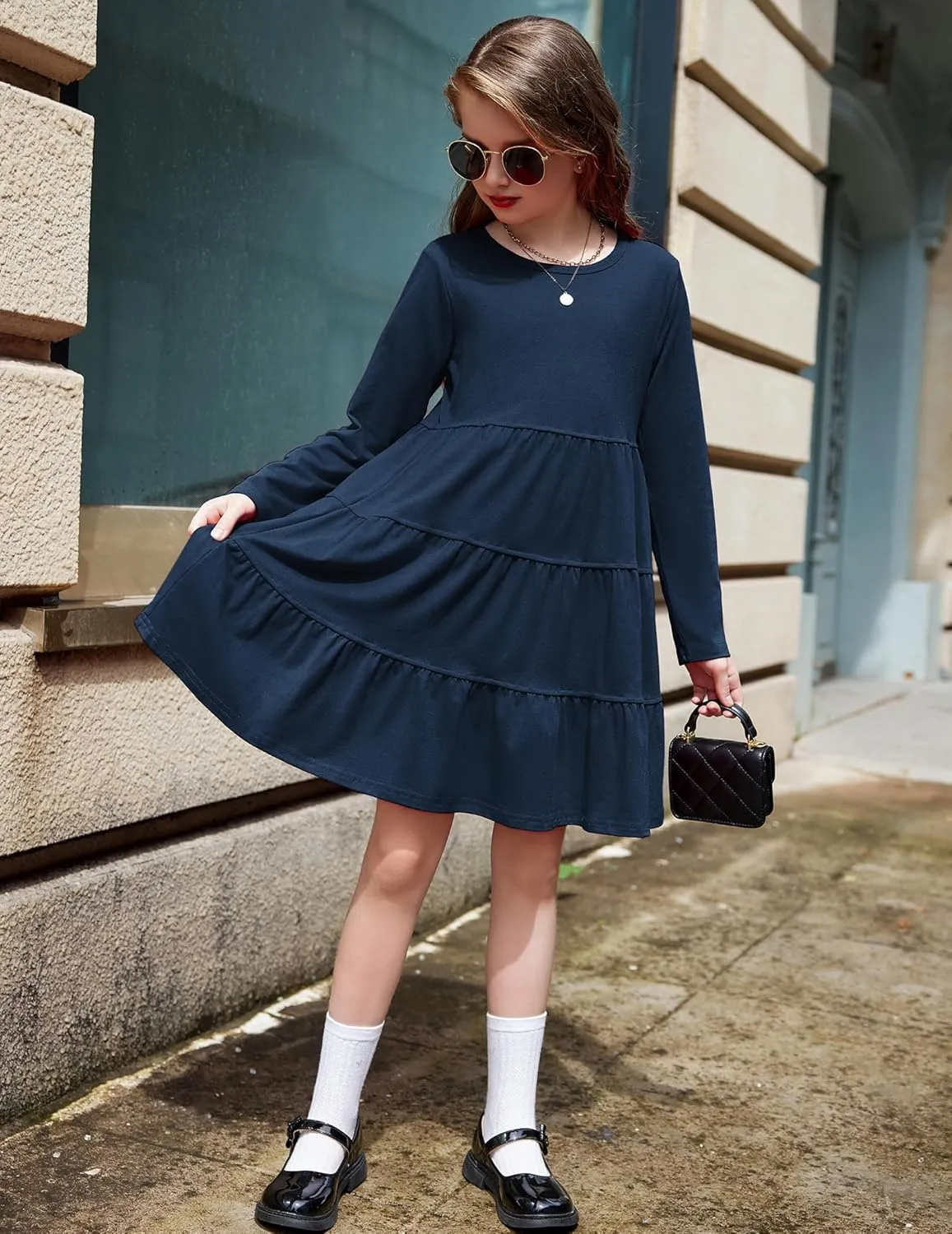 Arshiner Girl Long Sleeve Dress Tiered Ruffle Swing Tunic Shirt Dress