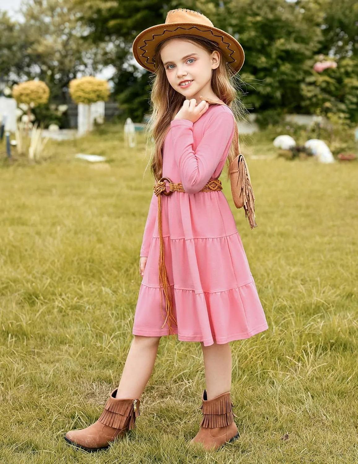 Arshiner Girl Long Sleeve Dress Tiered Ruffle Swing Tunic Shirt Dress