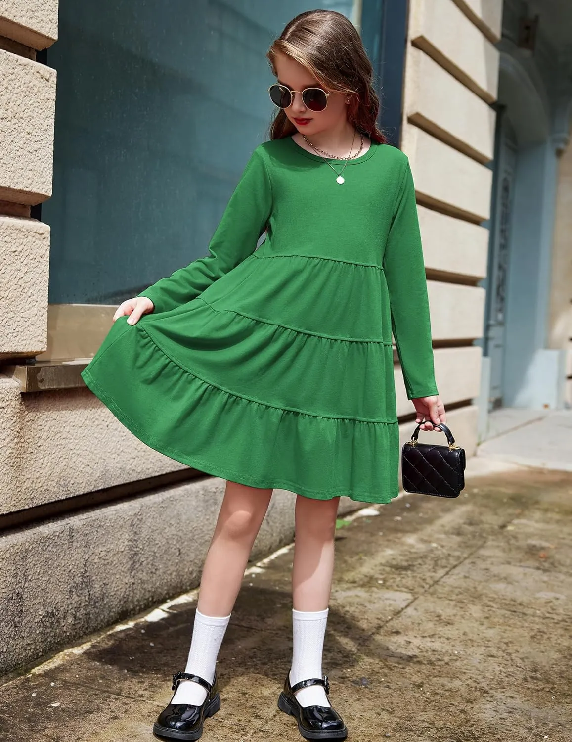 Arshiner Girl Long Sleeve Dress Tiered Ruffle Swing Tunic Shirt Dress