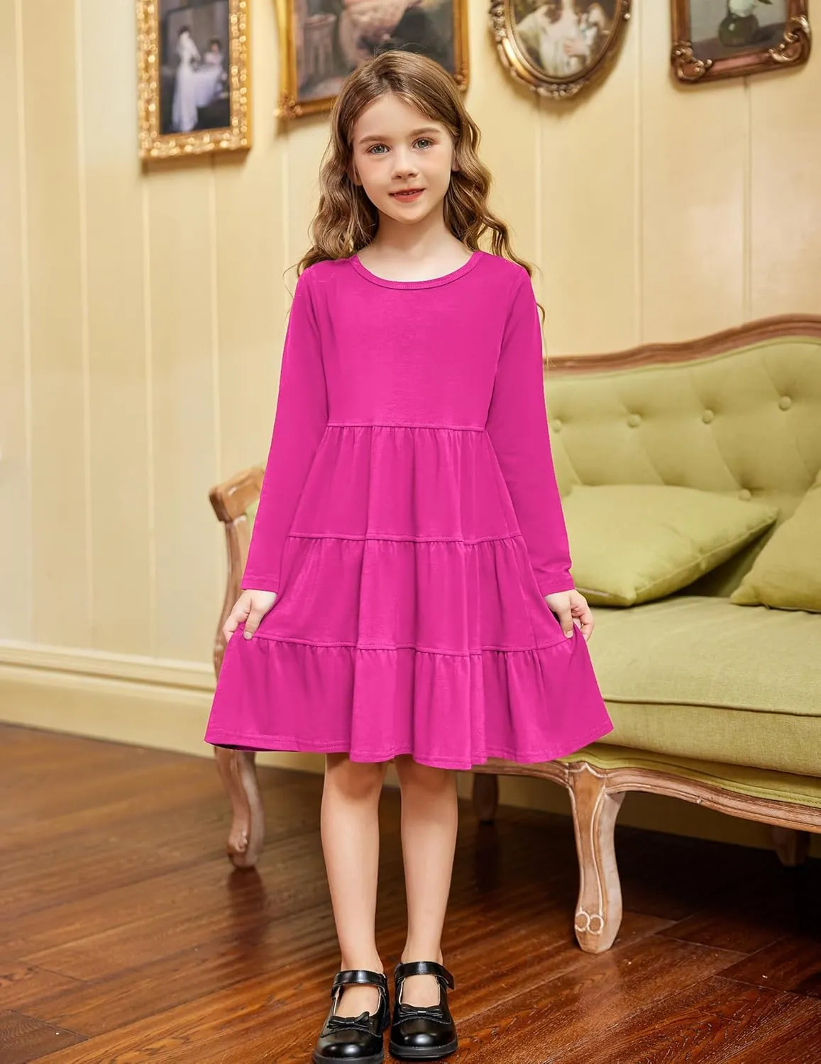 Arshiner Girl Long Sleeve Dress Tiered Ruffle Swing Tunic Shirt Dress