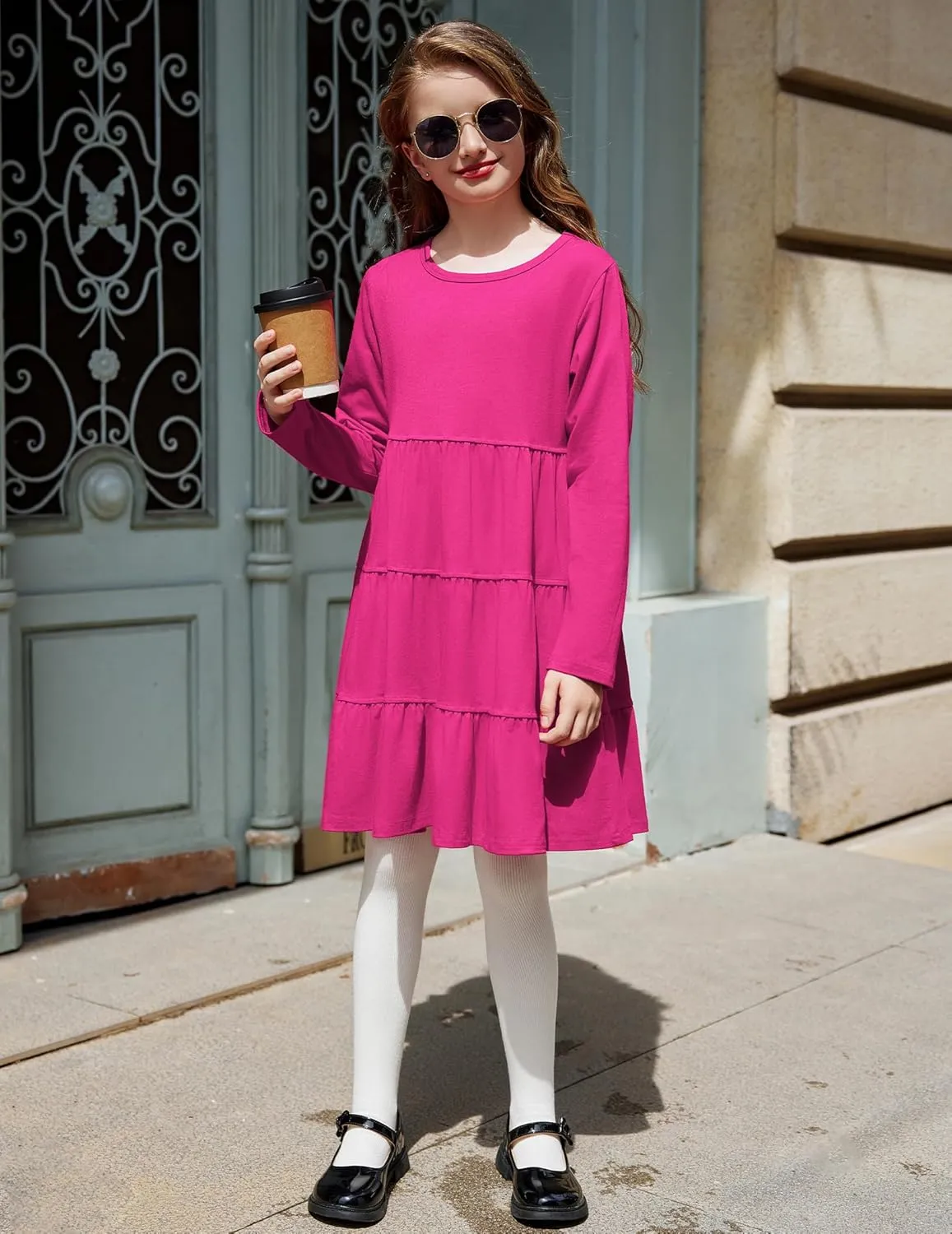 Arshiner Girl Long Sleeve Dress Tiered Ruffle Swing Tunic Shirt Dress