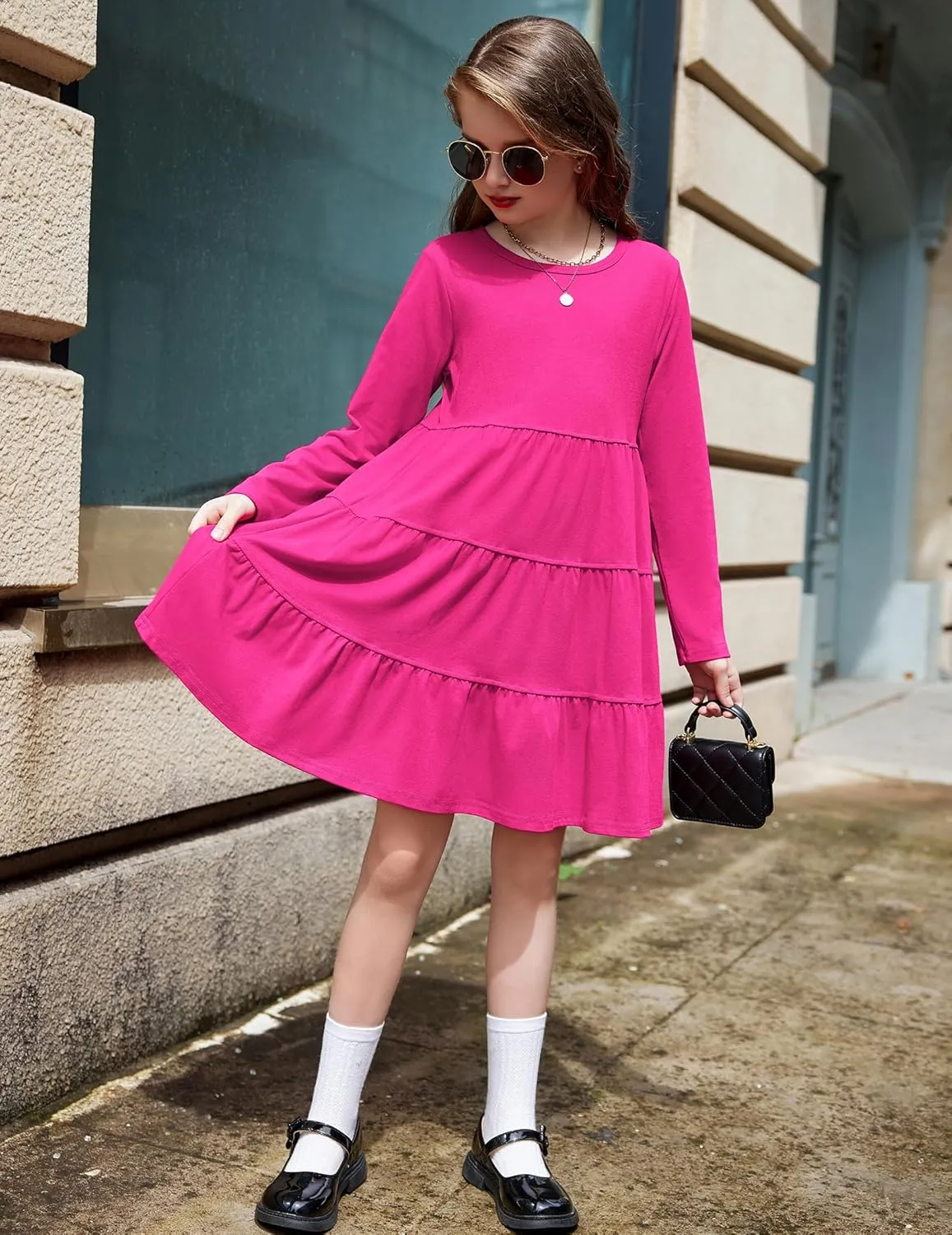 Arshiner Girl Long Sleeve Dress Tiered Ruffle Swing Tunic Shirt Dress