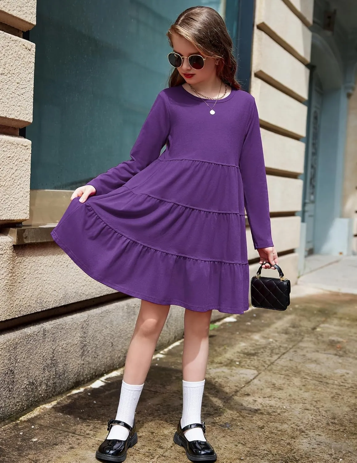 Arshiner Girl Long Sleeve Dress Tiered Ruffle Swing Tunic Shirt Dress