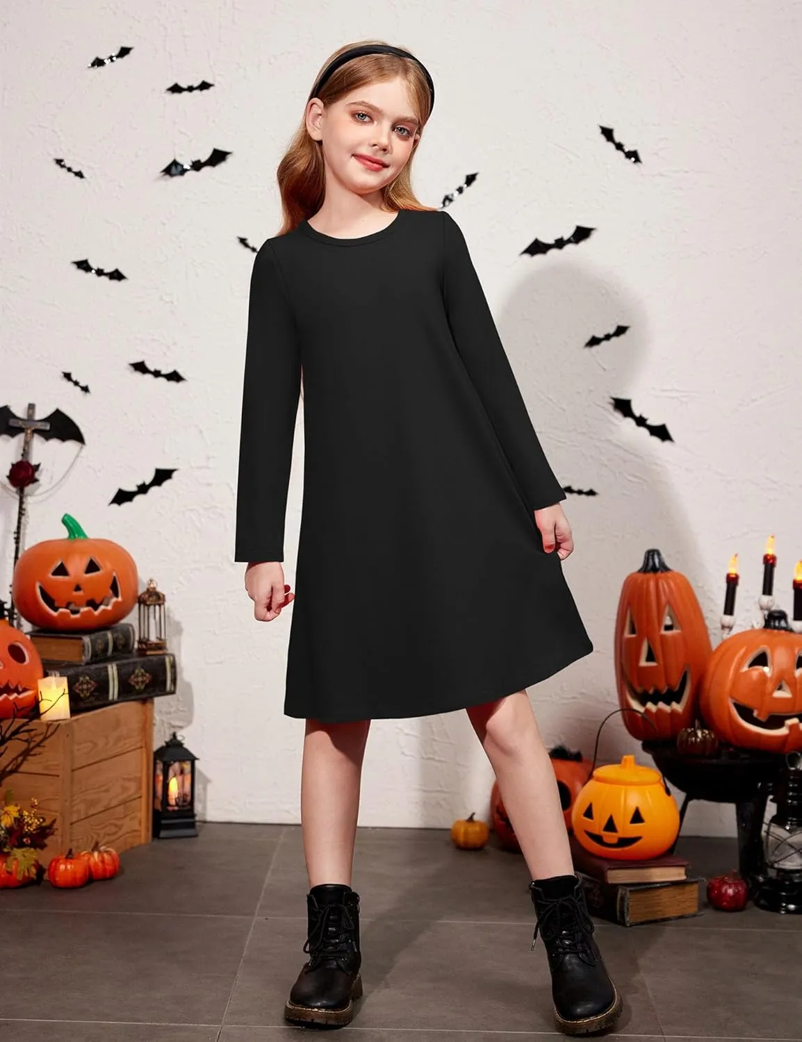 Arshiner Girls Dress Kids Long Sleeve Solid Color Casual T-Shirt Dress