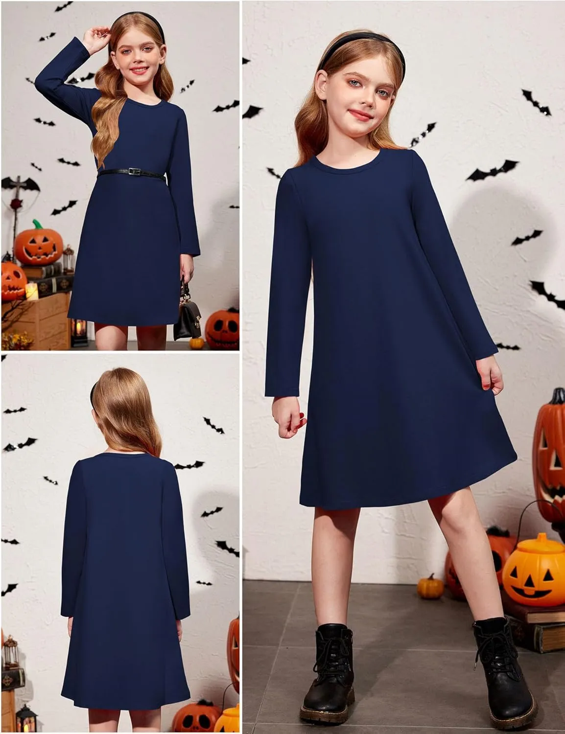 Arshiner Girls Dress Kids Long Sleeve Solid Color Casual T-Shirt Dress