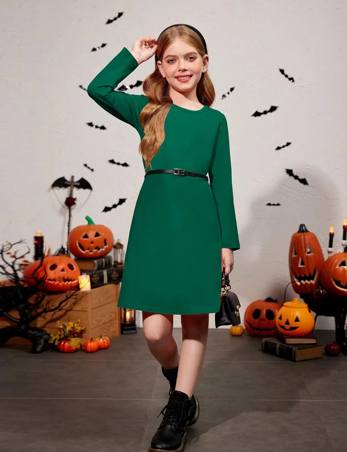 Arshiner Girls Dress Kids Long Sleeve Solid Color Casual T-Shirt Dress