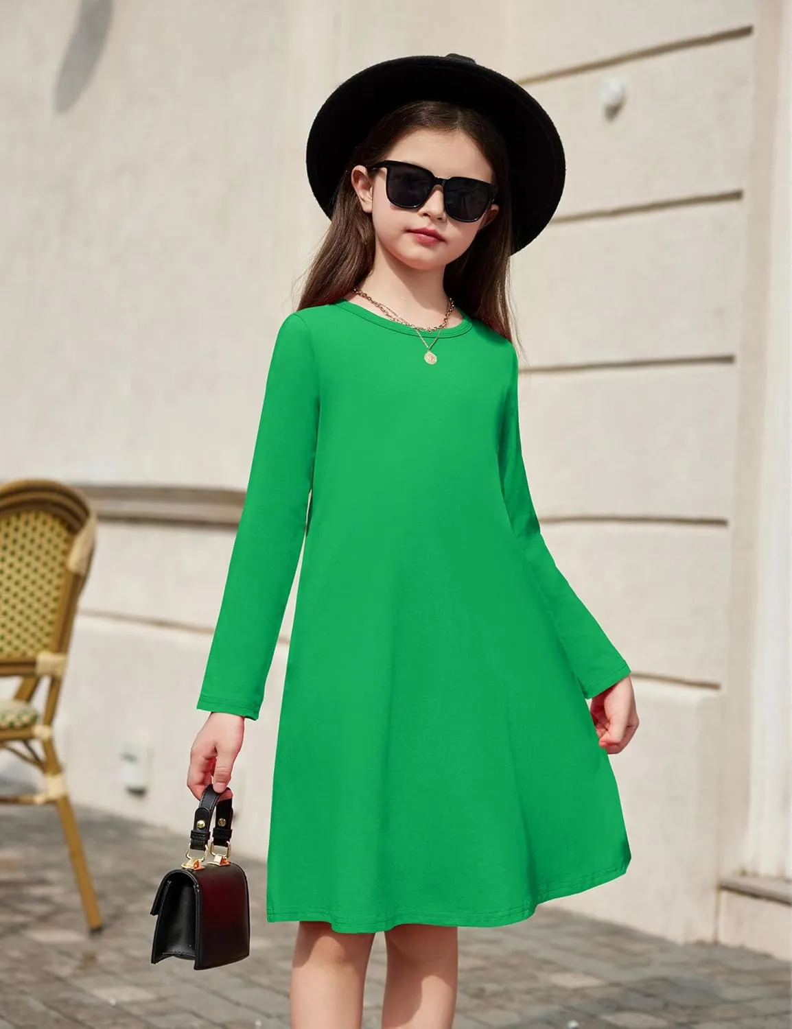 Arshiner Girls Dress Kids Long Sleeve Solid Color Casual T-Shirt Dress
