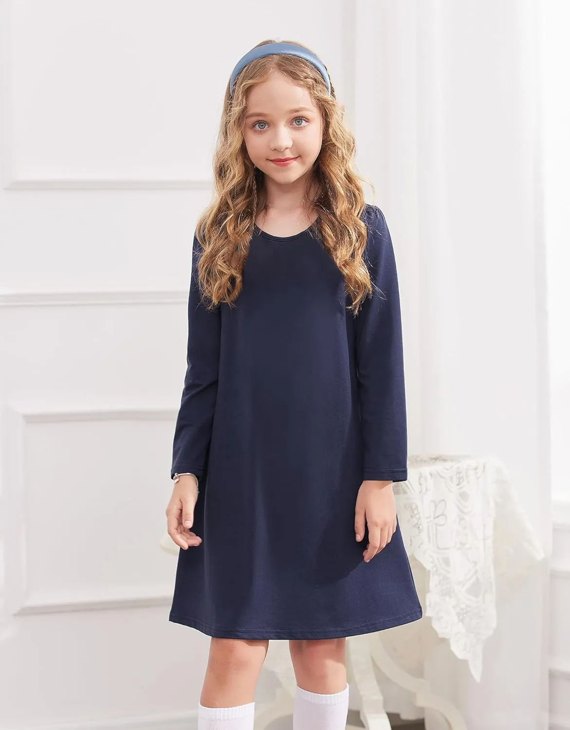 Arshiner Girls Dress Kids Long Sleeve Solid Color Casual T-Shirt Dress