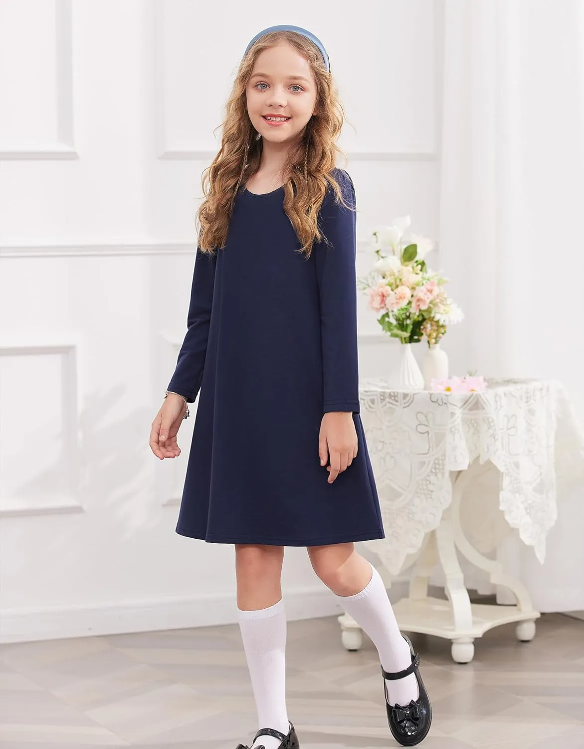 Arshiner Girls Dress Kids Long Sleeve Solid Color Casual T-Shirt Dress