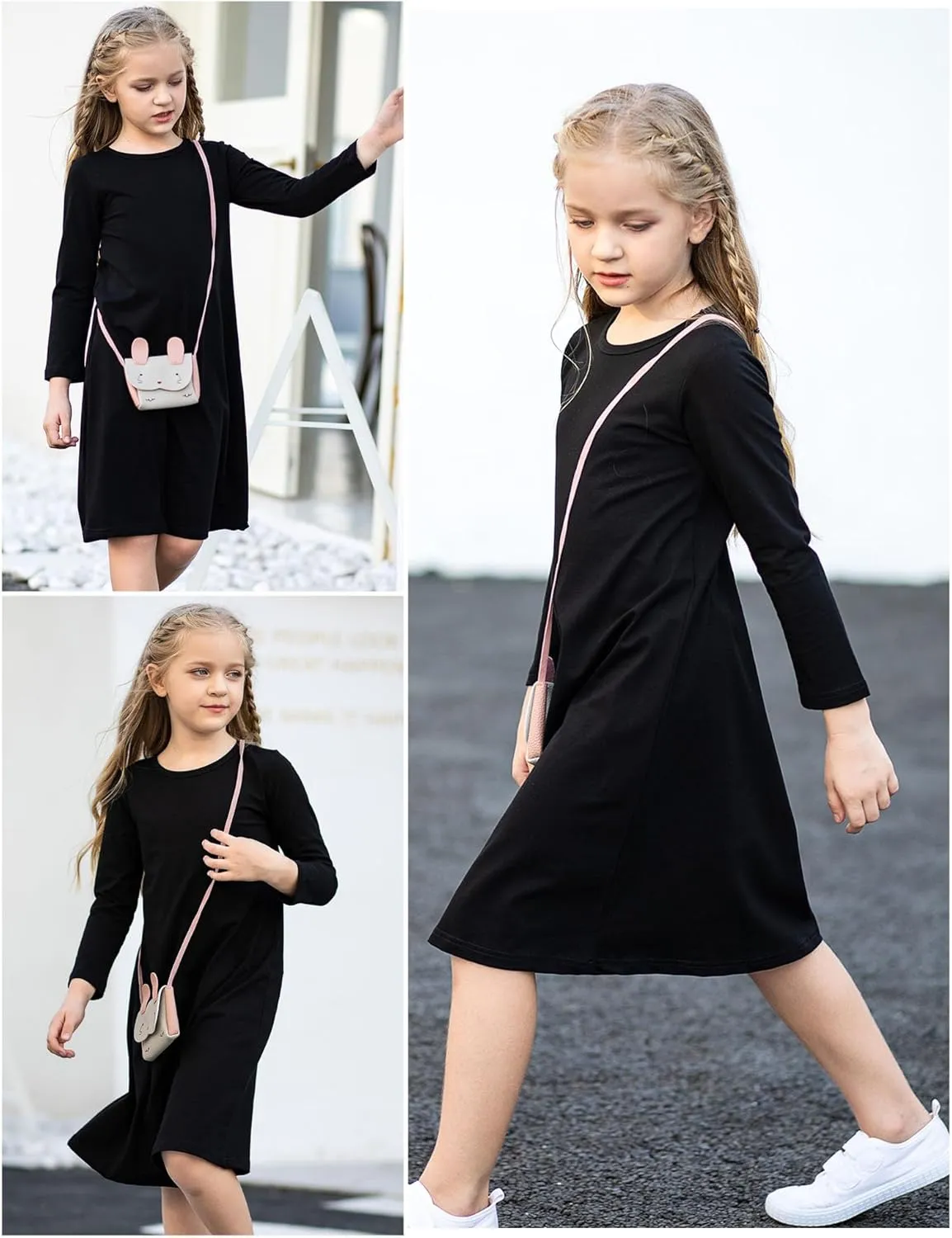 Arshiner Girls Dress Kids Long Sleeve Solid Color Casual T-Shirt Dress