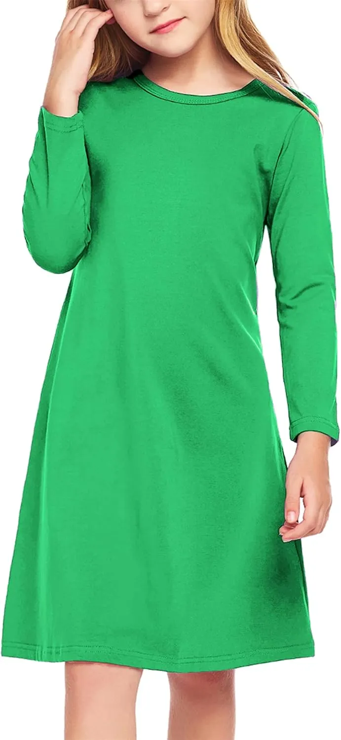 Arshiner Girls Dress Kids Long Sleeve Solid Color Casual T-Shirt Dress