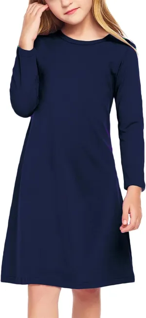 Arshiner Girls Dress Kids Long Sleeve Solid Color Casual T-Shirt Dress