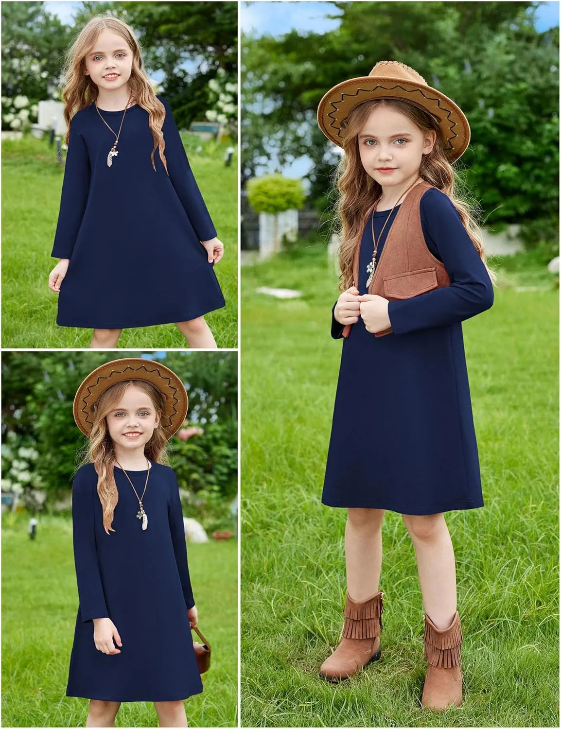 Arshiner Girls Dress Kids Long Sleeve Solid Color Casual T-Shirt Dress