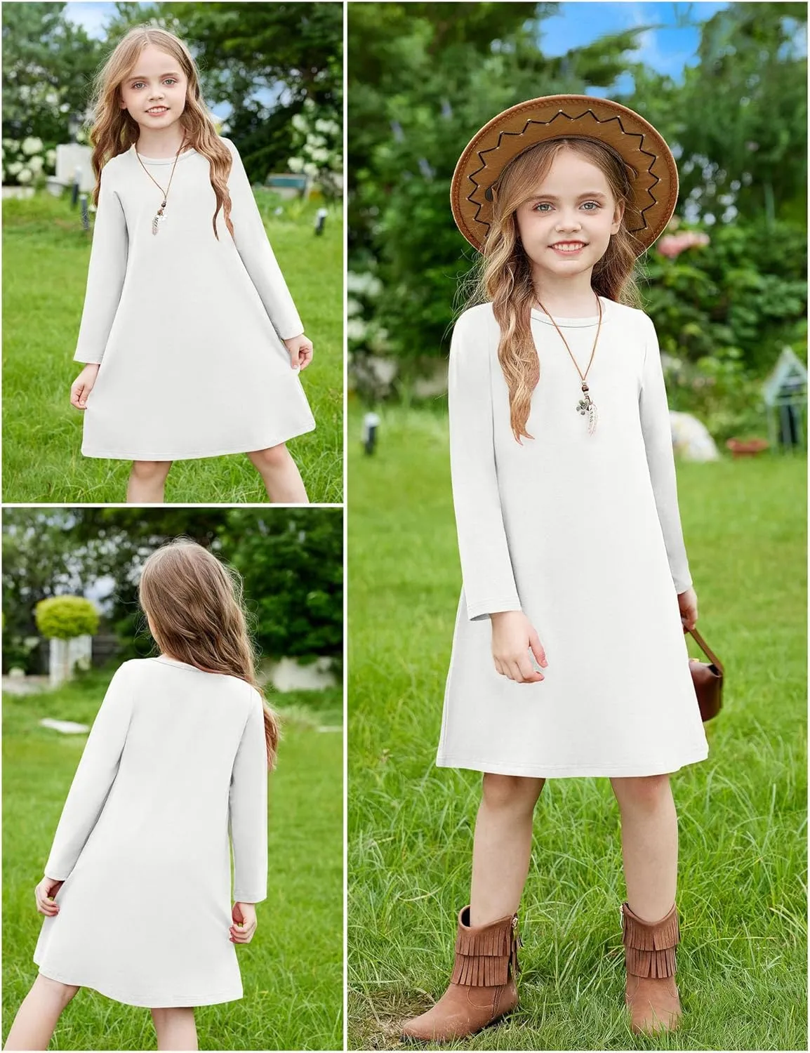 Arshiner Girls Dress Kids Long Sleeve Solid Color Casual T-Shirt Dress