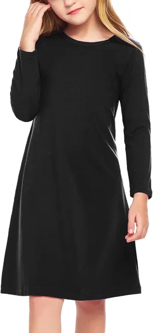 Arshiner Girls Dress Kids Long Sleeve Solid Color Casual T-Shirt Dress