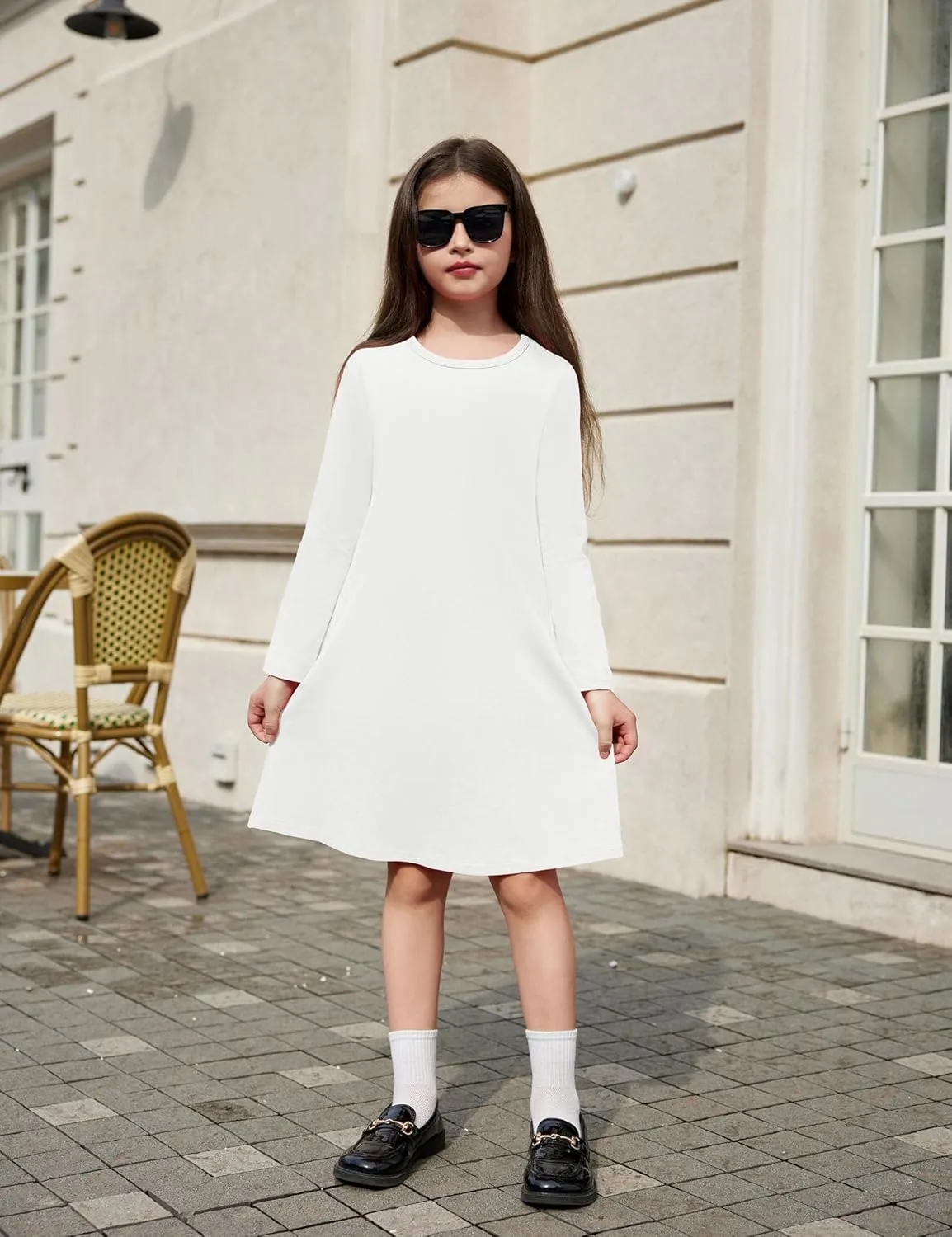 Arshiner Girls Dress Kids Long Sleeve Solid Color Casual T-Shirt Dress