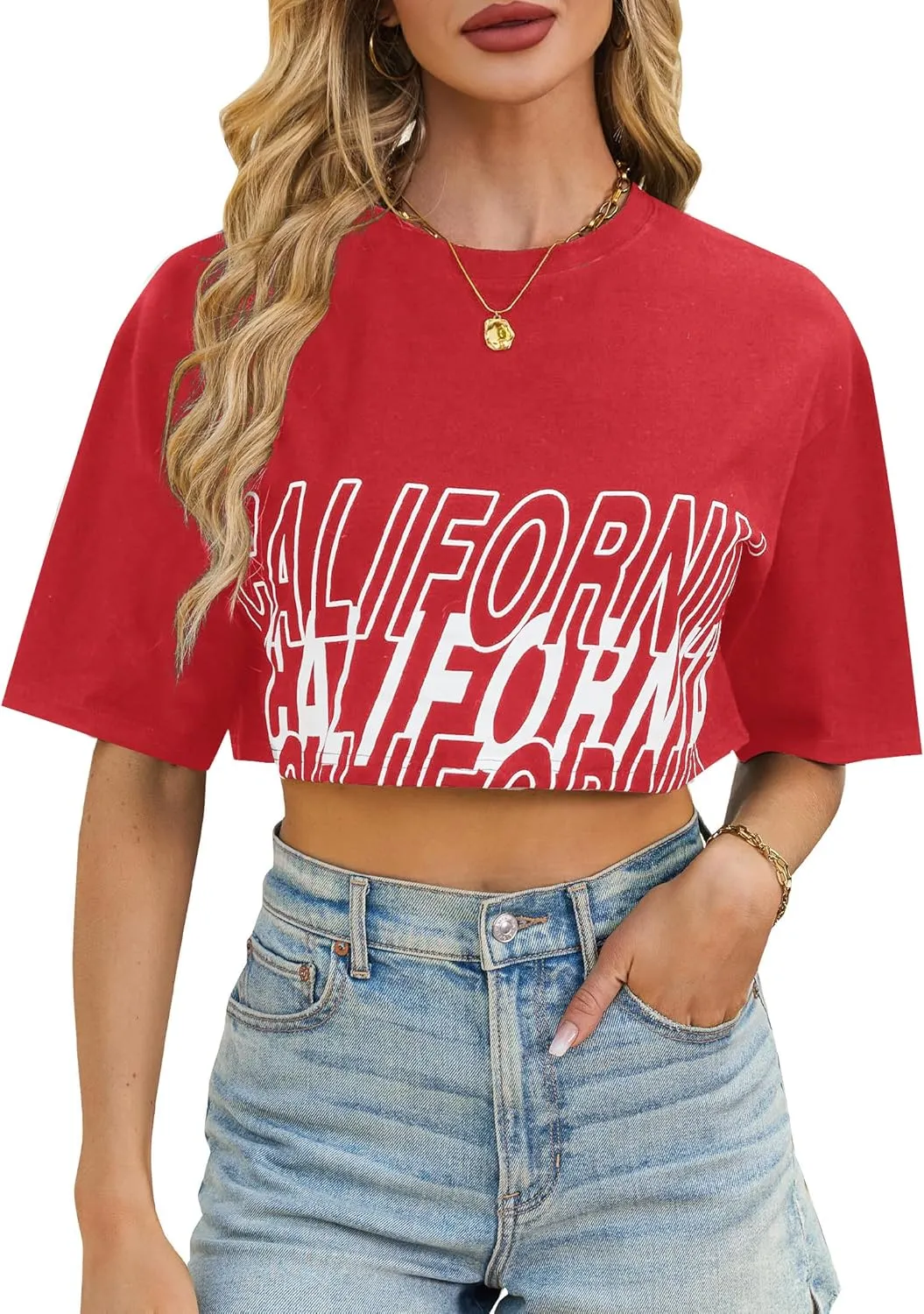 Avanova Women California Graphic Short Sleeve Crop Top Oversized Loose Tee Shirt