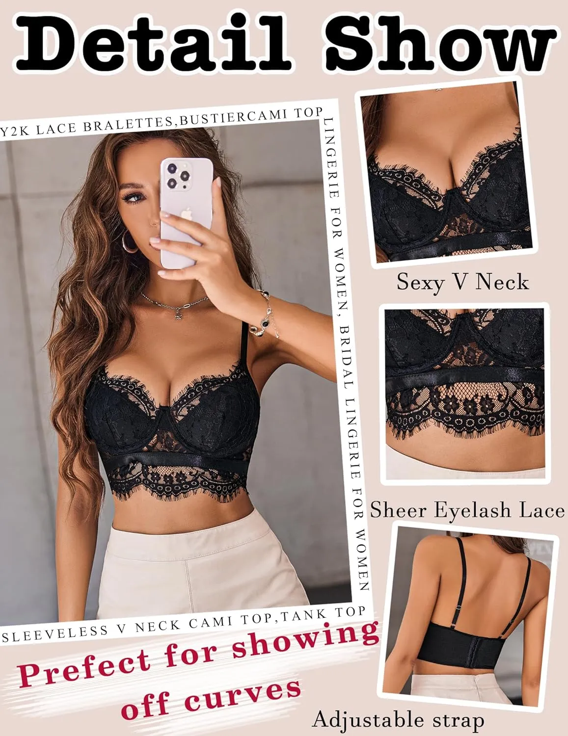 Avidlove Lace Bralettes for Women Y2k Strap Bustier Cami Top V Neck Camisole Lingerie