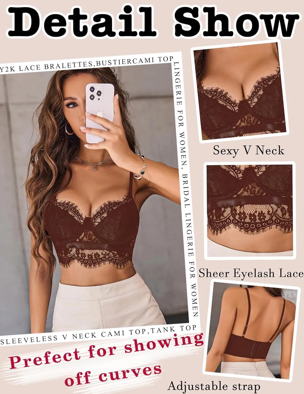 Avidlove Lace Bralettes for Women Y2k Strap Bustier Cami Top V Neck Camisole Lingerie