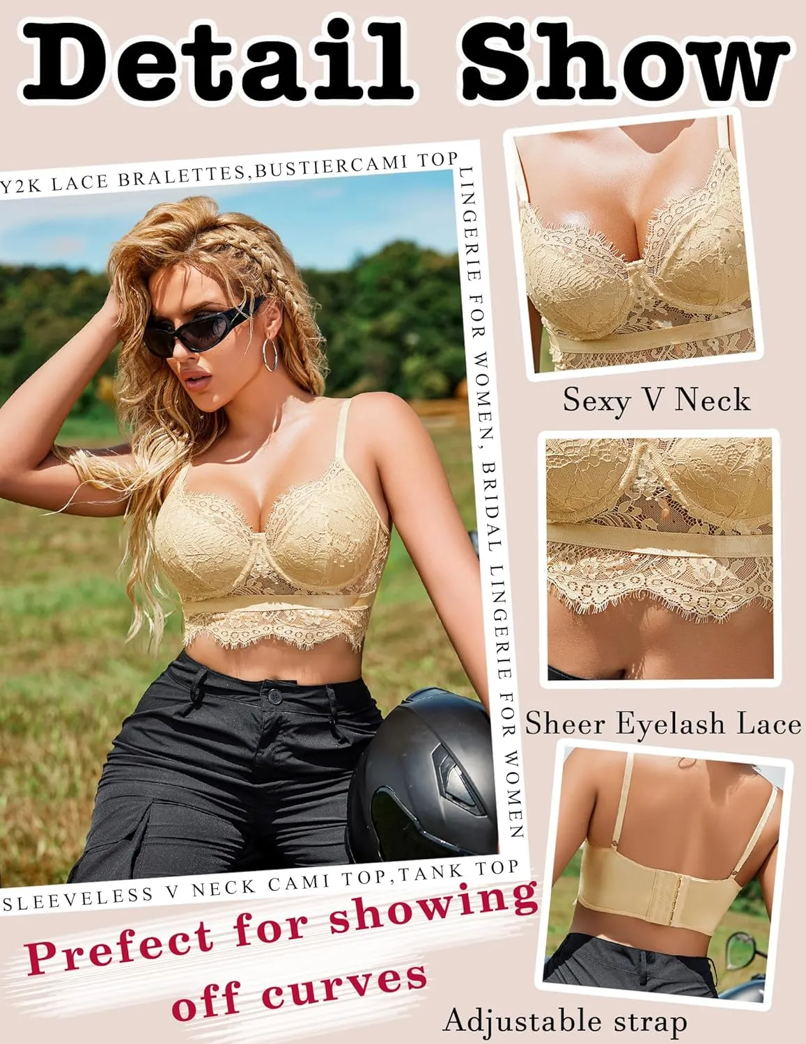 Avidlove Lace Bralettes for Women Y2k Strap Bustier Cami Top V Neck Camisole Lingerie