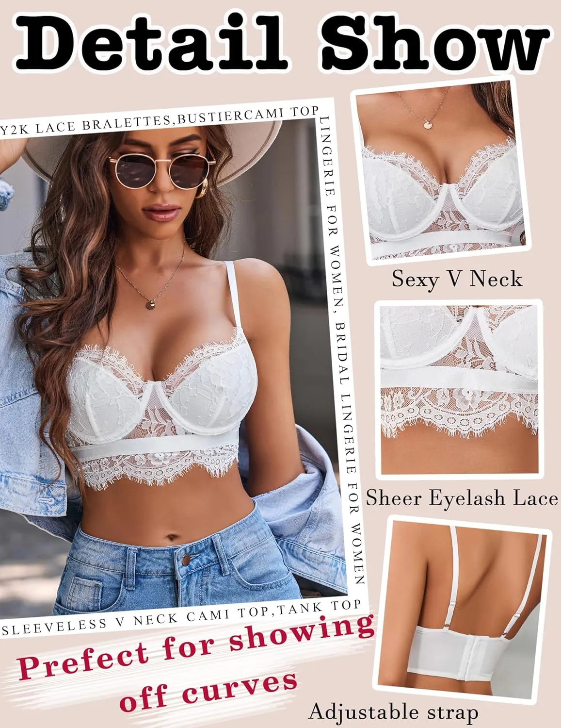 Avidlove Lace Bralettes for Women Y2k Strap Bustier Cami Top V Neck Camisole Lingerie