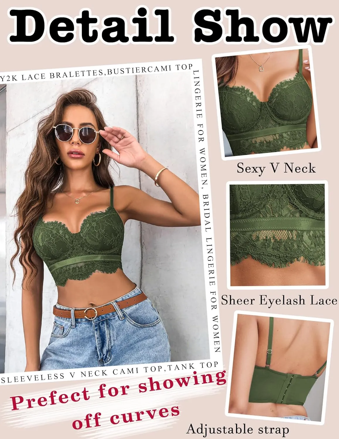 Avidlove Lace Bralettes for Women Y2k Strap Bustier Cami Top V Neck Camisole Lingerie