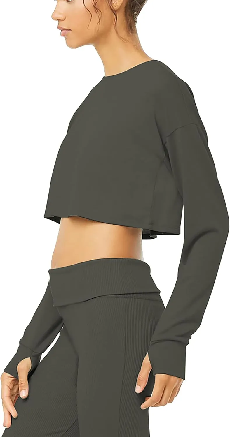 Bestisun Long Sleeve Crop Top Cropped Sweatshirt for Women with Thumb Hole