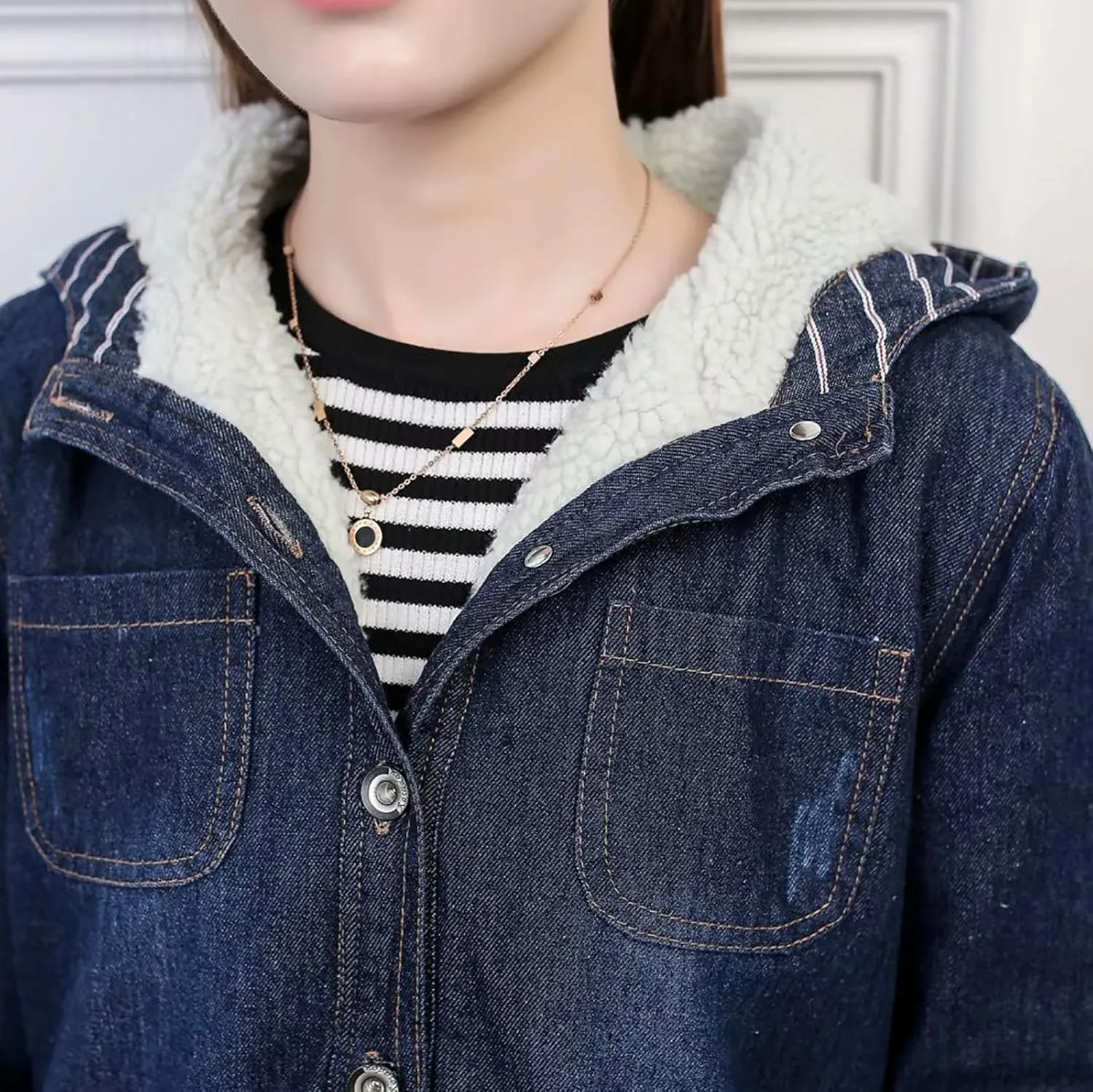 Binmer Sherpa Lined Denim Jackets for Womens Winter Thicken Warm Fleece Hooded Mid Length Casual Jean Outwear with Pockets