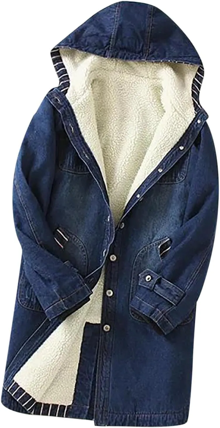 Binmer Sherpa Lined Denim Jackets for Womens Winter Thicken Warm Fleece Hooded Mid Length Casual Jean Outwear with Pockets