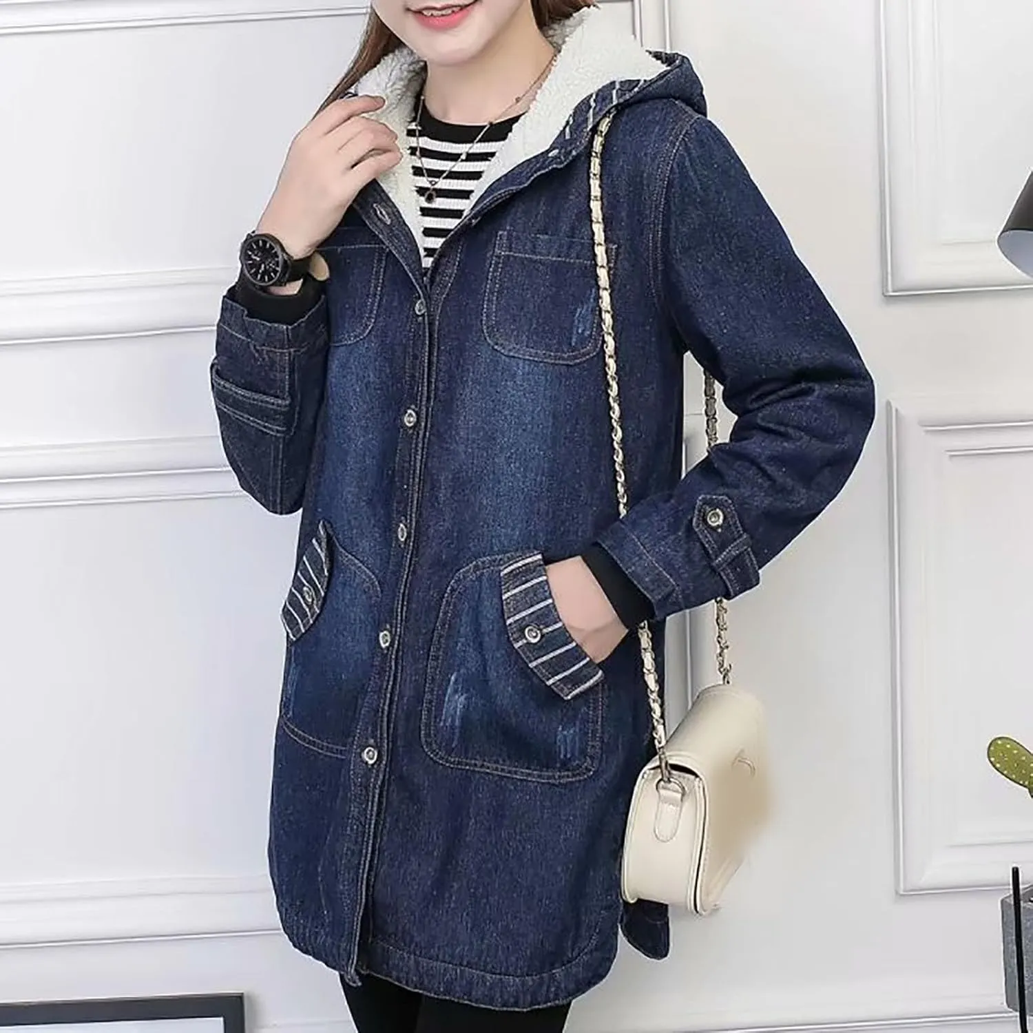 Binmer Sherpa Lined Denim Jackets for Womens Winter Thicken Warm Fleece Hooded Mid Length Casual Jean Outwear with Pockets