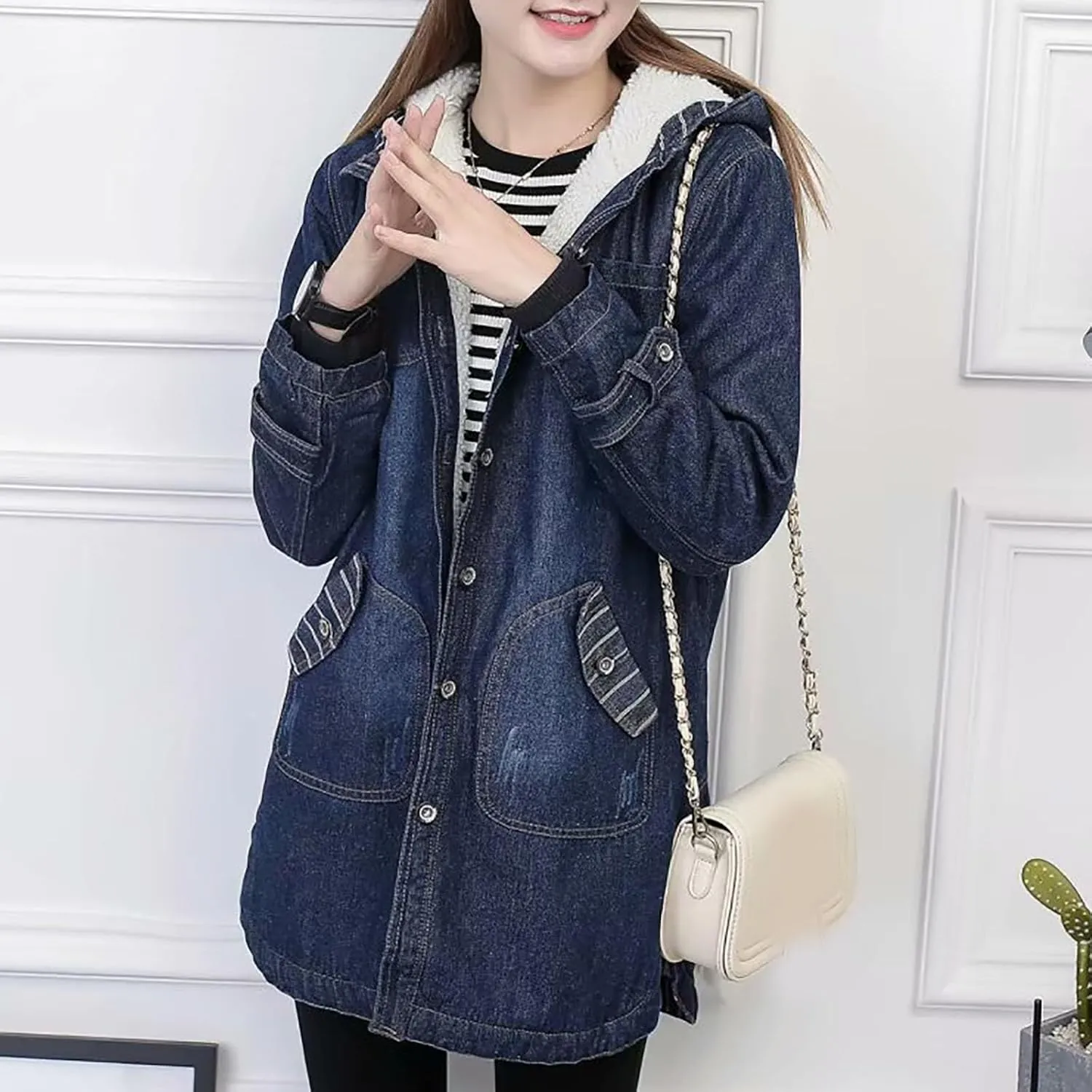 Binmer Sherpa Lined Denim Jackets for Womens Winter Thicken Warm Fleece Hooded Mid Length Casual Jean Outwear with Pockets