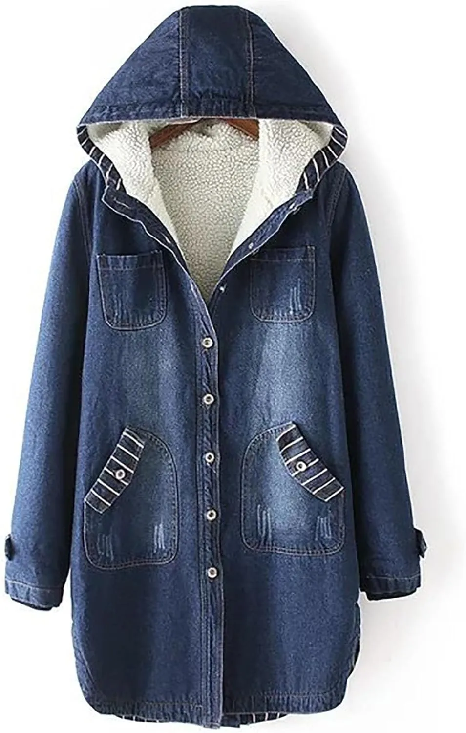 Binmer Sherpa Lined Denim Jackets for Womens Winter Thicken Warm Fleece Hooded Mid Length Casual Jean Outwear with Pockets