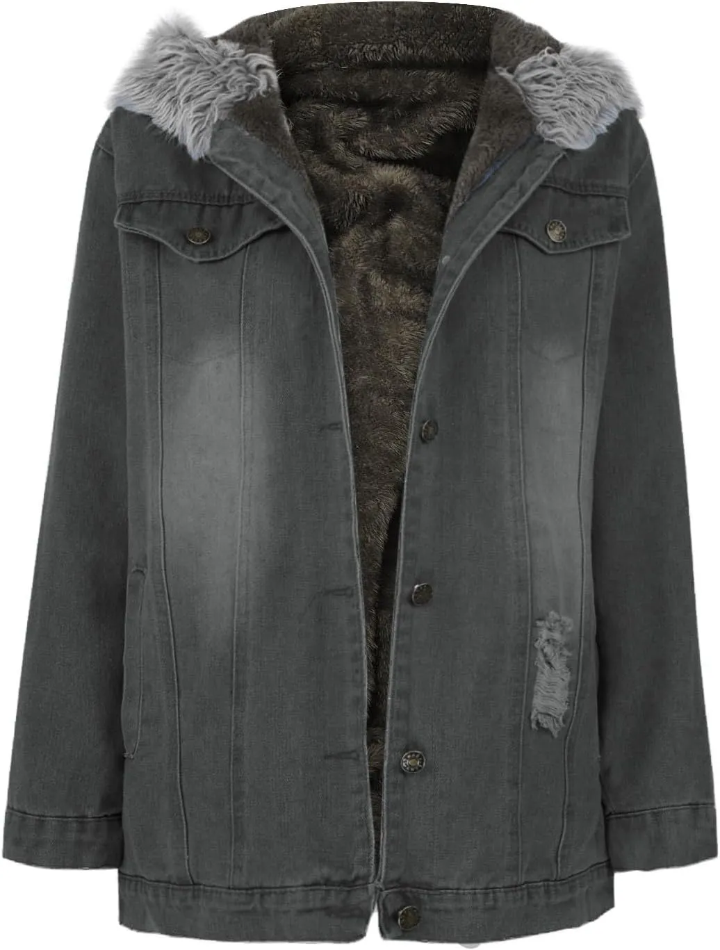 Binmer Women's Fleece Sherpa Lined Denim Jackets Faux Fur Hoodies Coat Winter Warm Button Down Coats Shaggy Warm Outerwear