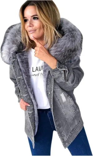 Binmer Women's Fleece Sherpa Lined Denim Jackets Faux Fur Hoodies Coat Winter Warm Button Down Coats Shaggy Warm Outerwear