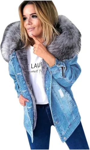 Binmer Women's Fleece Sherpa Lined Denim Jackets Faux Fur Hoodies Coat Winter Warm Button Down Coats Shaggy Warm Outerwear
