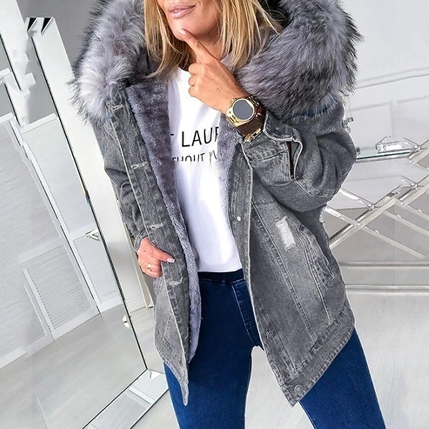 Binmer Women's Fleece Sherpa Lined Denim Jackets Faux Fur Hoodies Coat Winter Warm Button Down Coats Shaggy Warm Outerwear